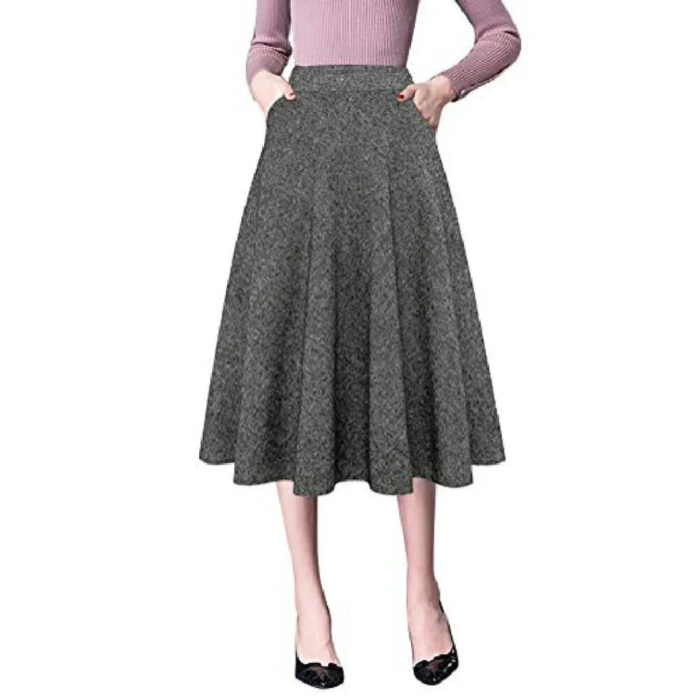 Wool High Waist A-Line Pleated Midi Skirt Fall Winter Casual